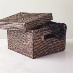 Emme Square Handwoven Espresso Rattan Storage Basket -Home Decor Sale EmmeBoxwLidEspSqAVSHF22
