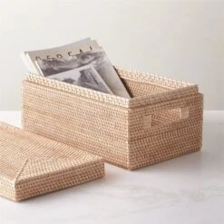 Emme Rectangular Handwoven Natural Rattan Storage Basket -Home Decor Sale EmmeBoxwLidNatRectAVSHF22