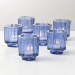 Ezra Blue Glass Tealight Candle Holders Set Of 6 -Home Decor Sale EzraBlueTealightHolderS6ROS23