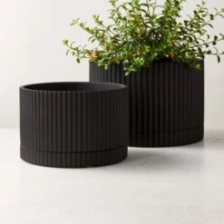 Fold Black Cement Indoor Planter With Tray Large -Home Decor Sale FoldBlkPlntrWTrayGrpFHS22